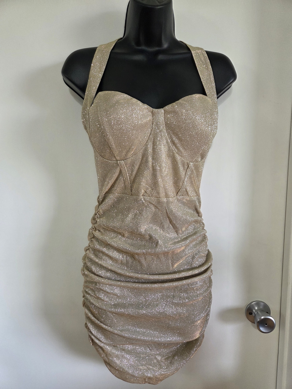 Symphony Gold Metallic Glitter Halter Corset Mini Dress Ruched Bodycon